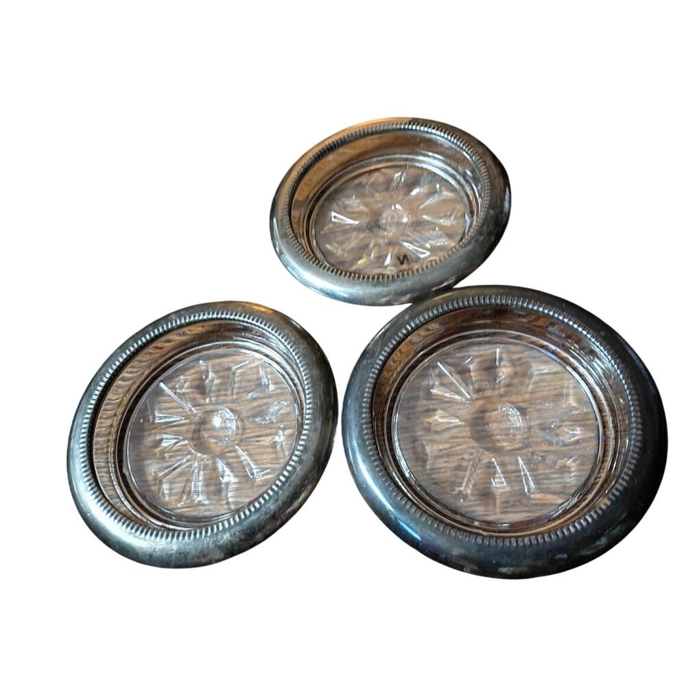 Set of 3 Leonard Italy Silverplate Rim Crystal Coasters Starburst Design